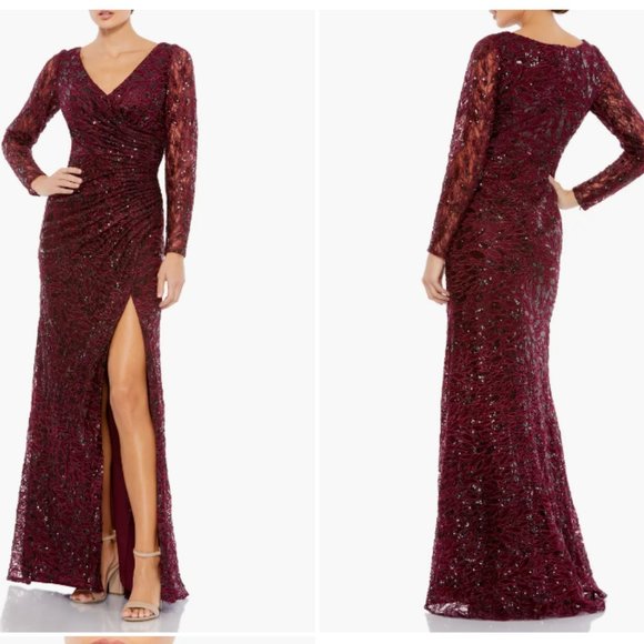 MAC DUGGAL 12412 LONG SLEEVE RUCHED SEQUIN V-NECK GARNET GOWN sz 16 - Picture 3 of 3